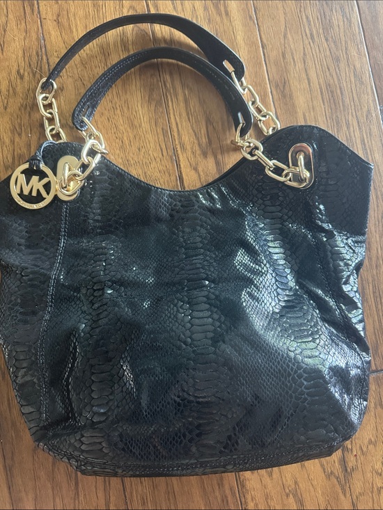 Michael Kors Handbags - Michael Kors Black Snake-Embossed Shoulder Bag with Gold Hardware